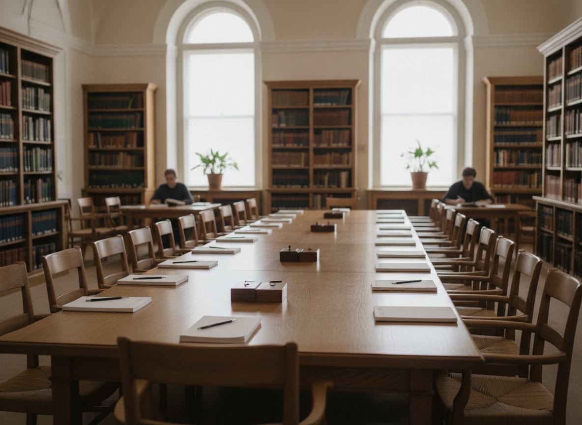 An empty meeting table in a room used for awareness rally planning.
