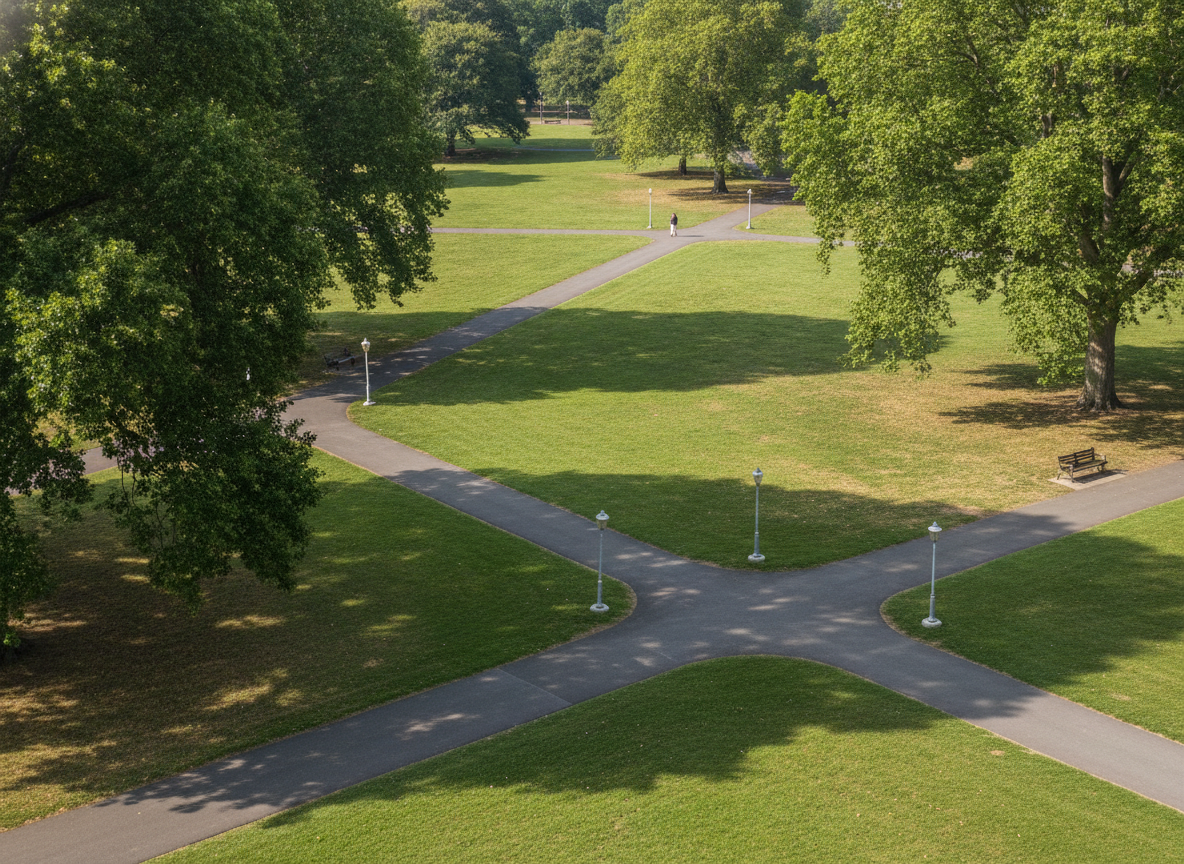 Aerial view of an empty public park, a common venue for a rally.