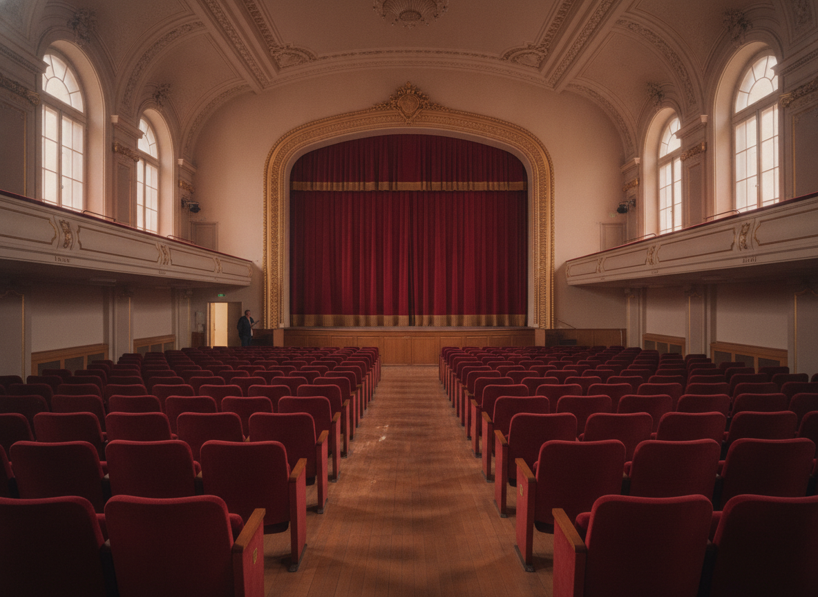 An empty school auditorium set up for a school play or presentation.