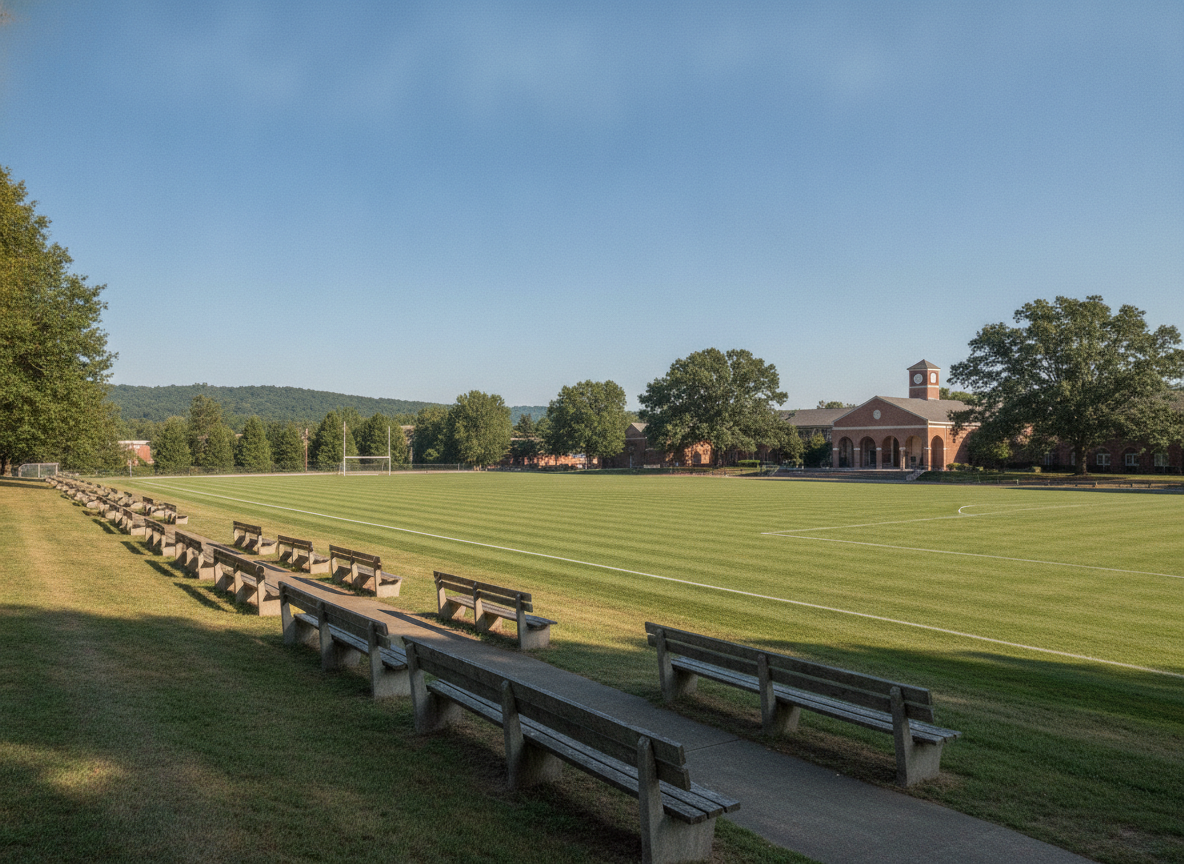 An empty school sports field, ready for a school sports day or fair.