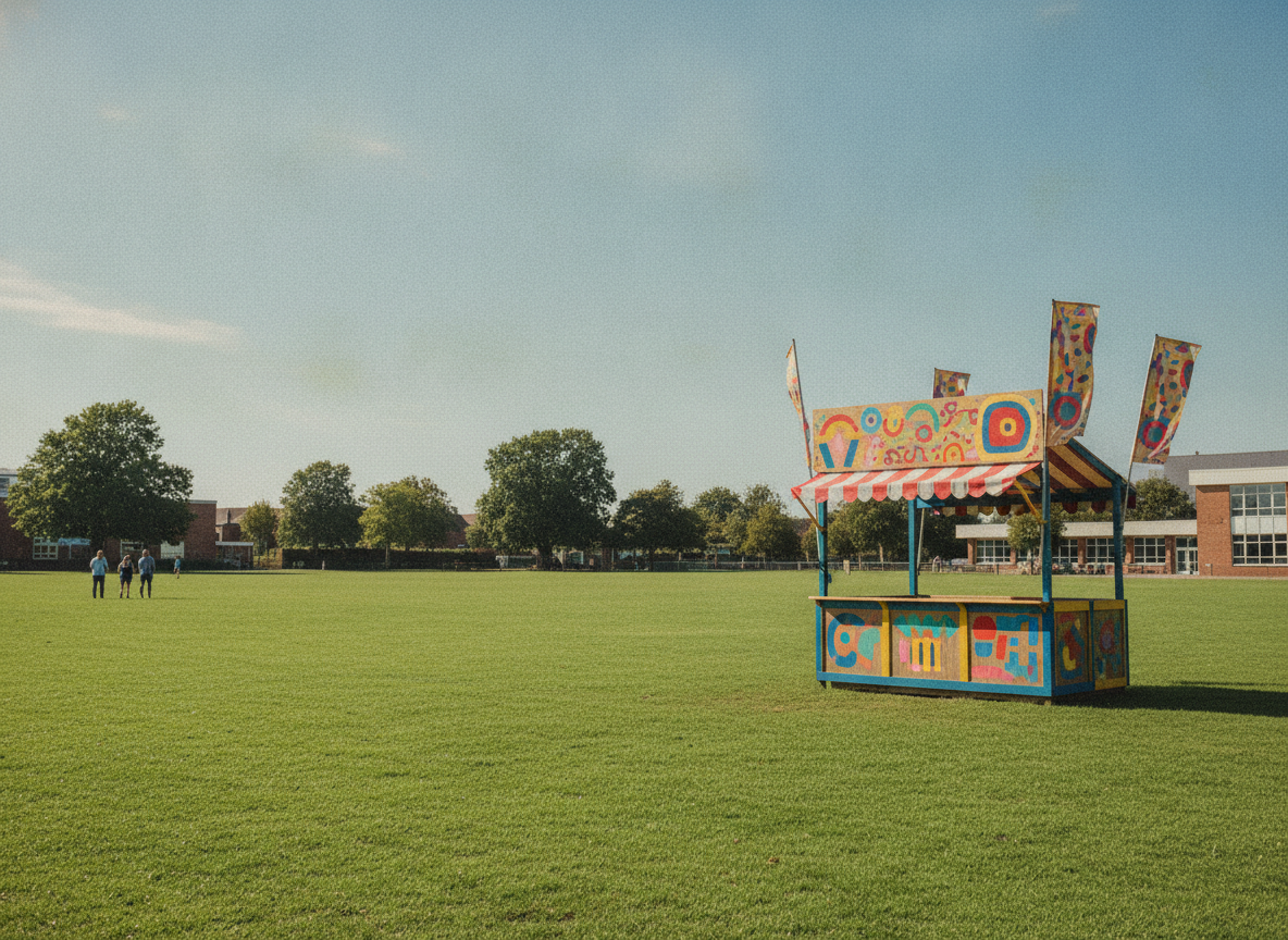 A ticket stall set up for a school fair, ready to welcome guests.