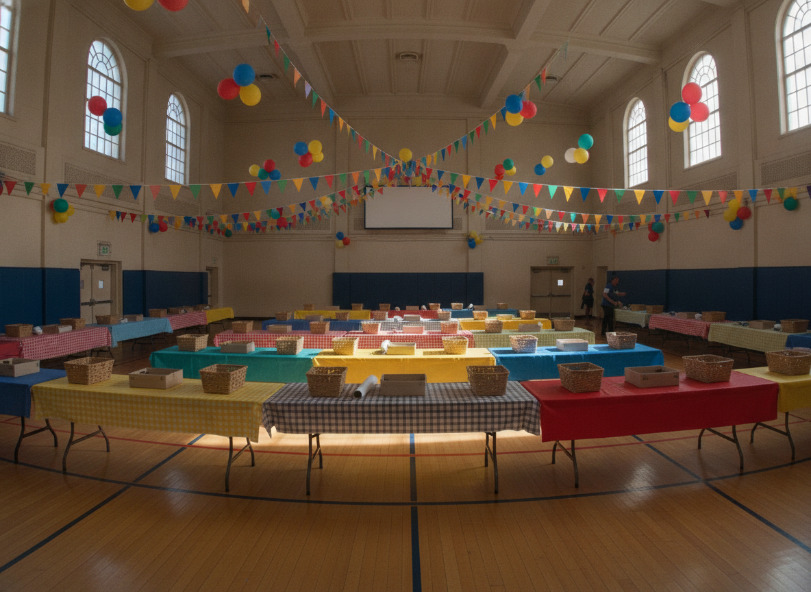 An indoor school hall decorated and prepared for a community fair.