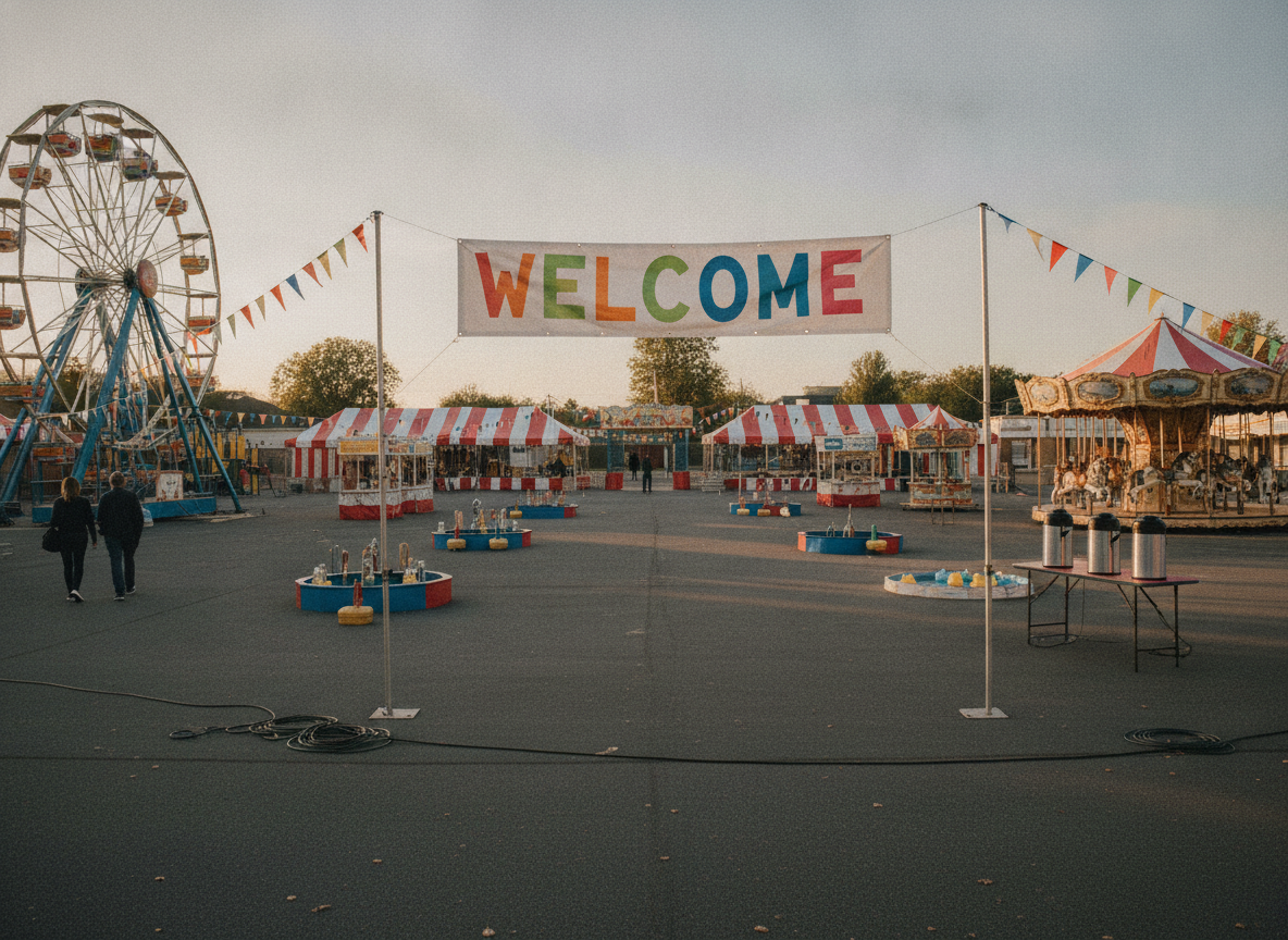 School playground with stalls and games prepared for a school fete.
