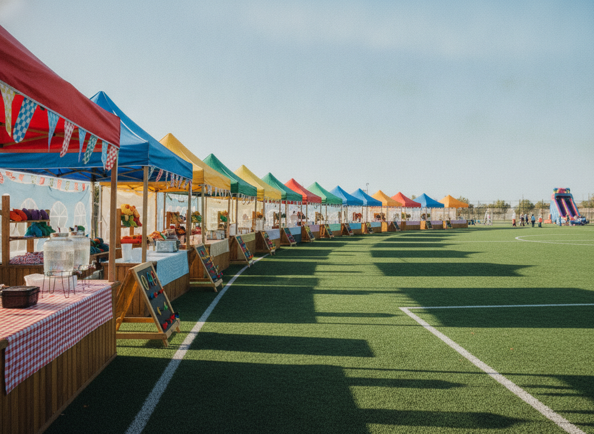 A row of colorful stalls set up on a field for a school carnival.