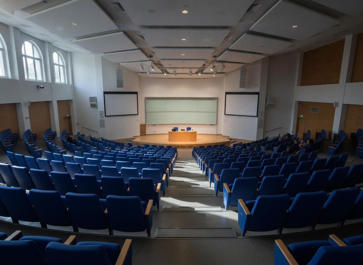 An empty lecture hall viewed from the back, ready for a seminar.