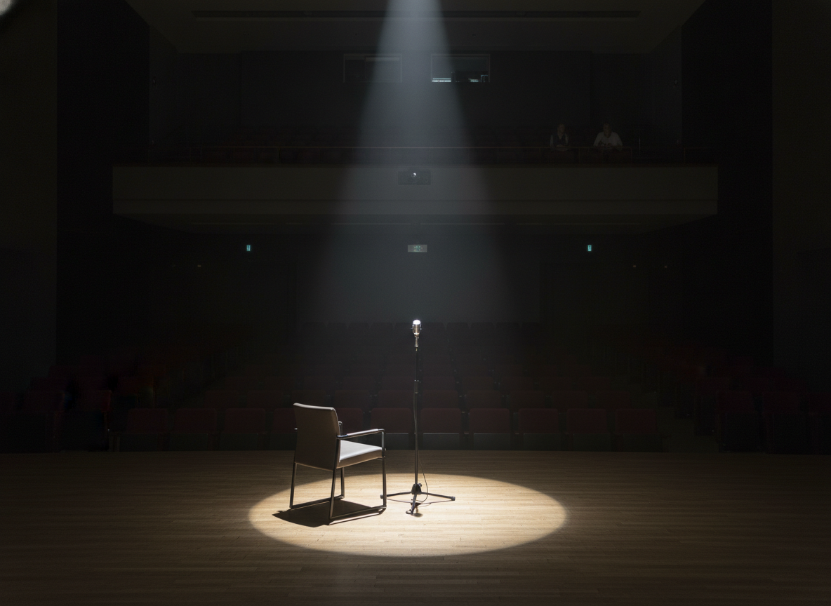 A stage set for a single speaker at a professional talk or seminar.
