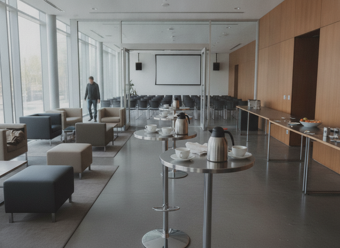 Networking area outside a seminar, set up for attendees to connect.