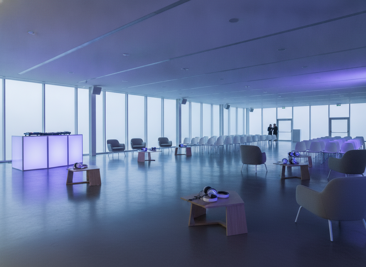 A modern event space prepared for a silent disco, with DJ equipment ready.