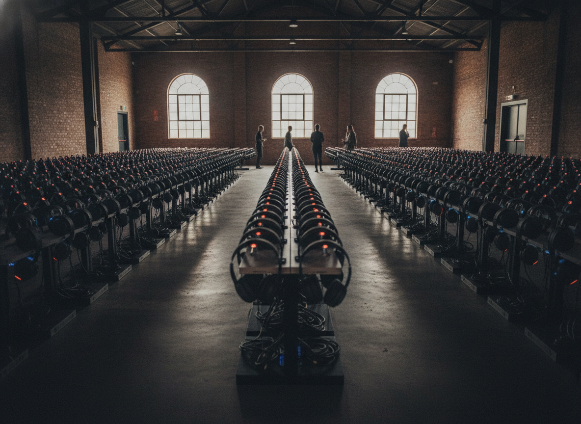 Rows of wireless headphones charging before a silent disco event.