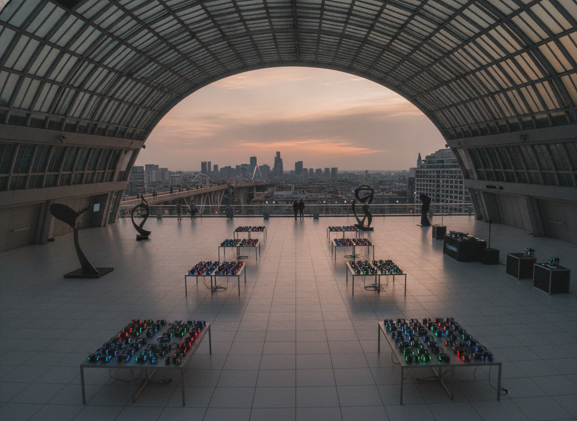 An empty museum gallery prepared for a silent disco event.