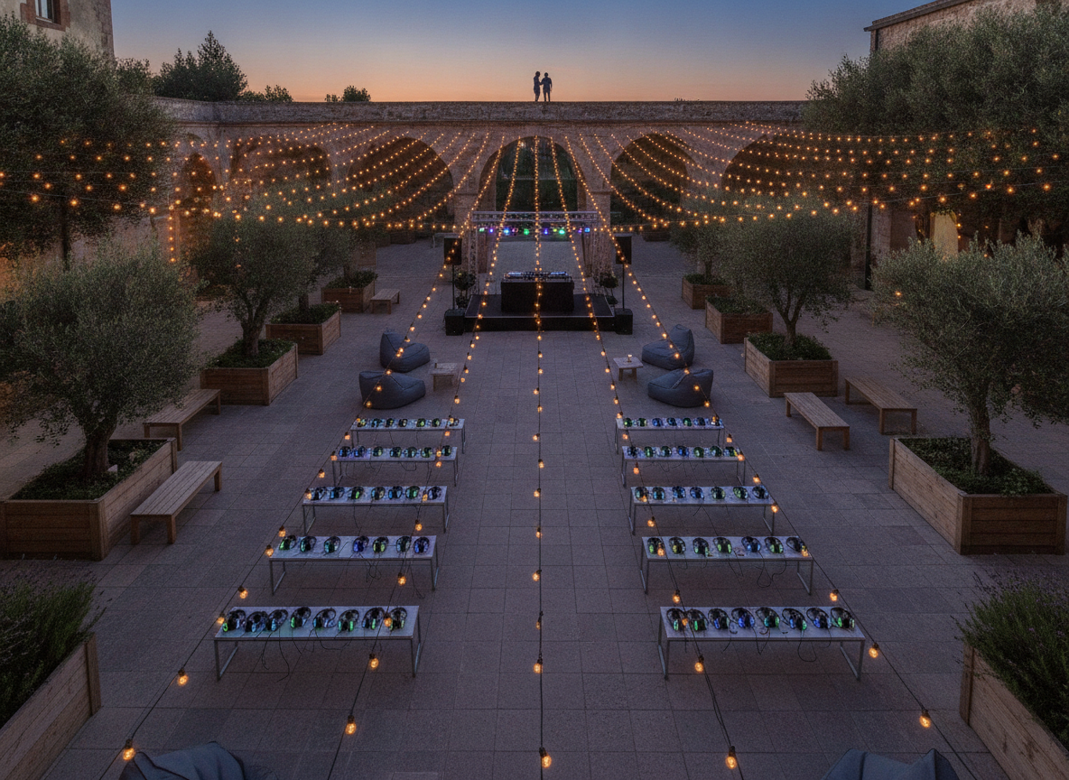 An empty, beautifully lit courtyard prepared for a silent disco event.