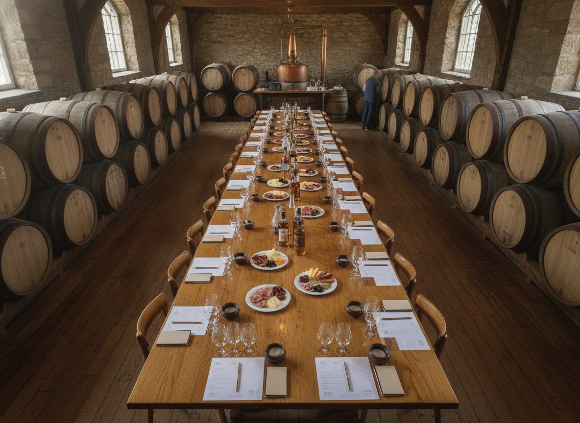 A prepared table at a distillery, set for a professional spirits tasting event.