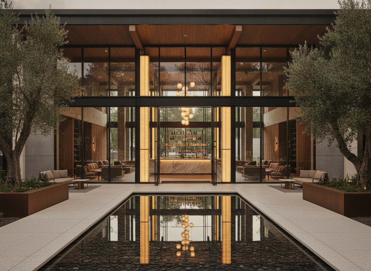 The entrance to a modern venue suitable for a cocktail tasting event.