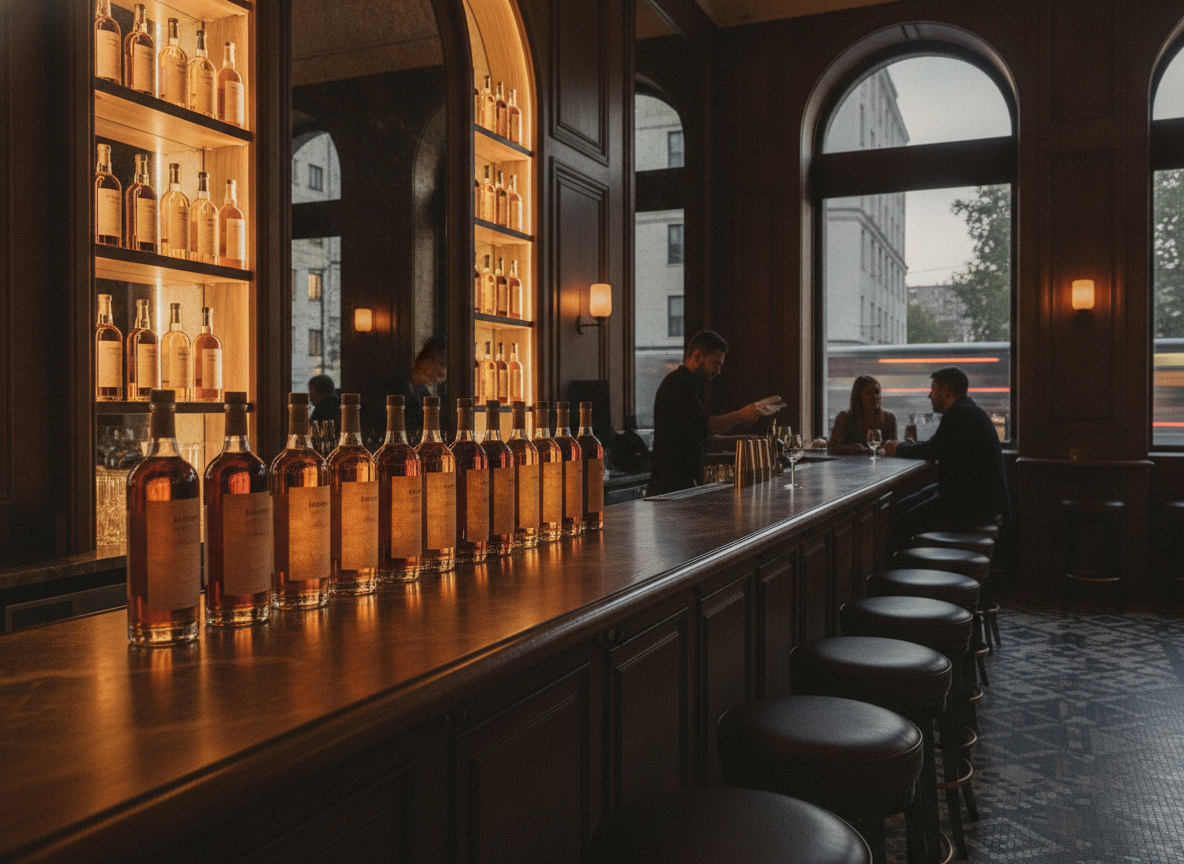Bottles of craft spirits displayed on a shelf, ready for a tasting event.