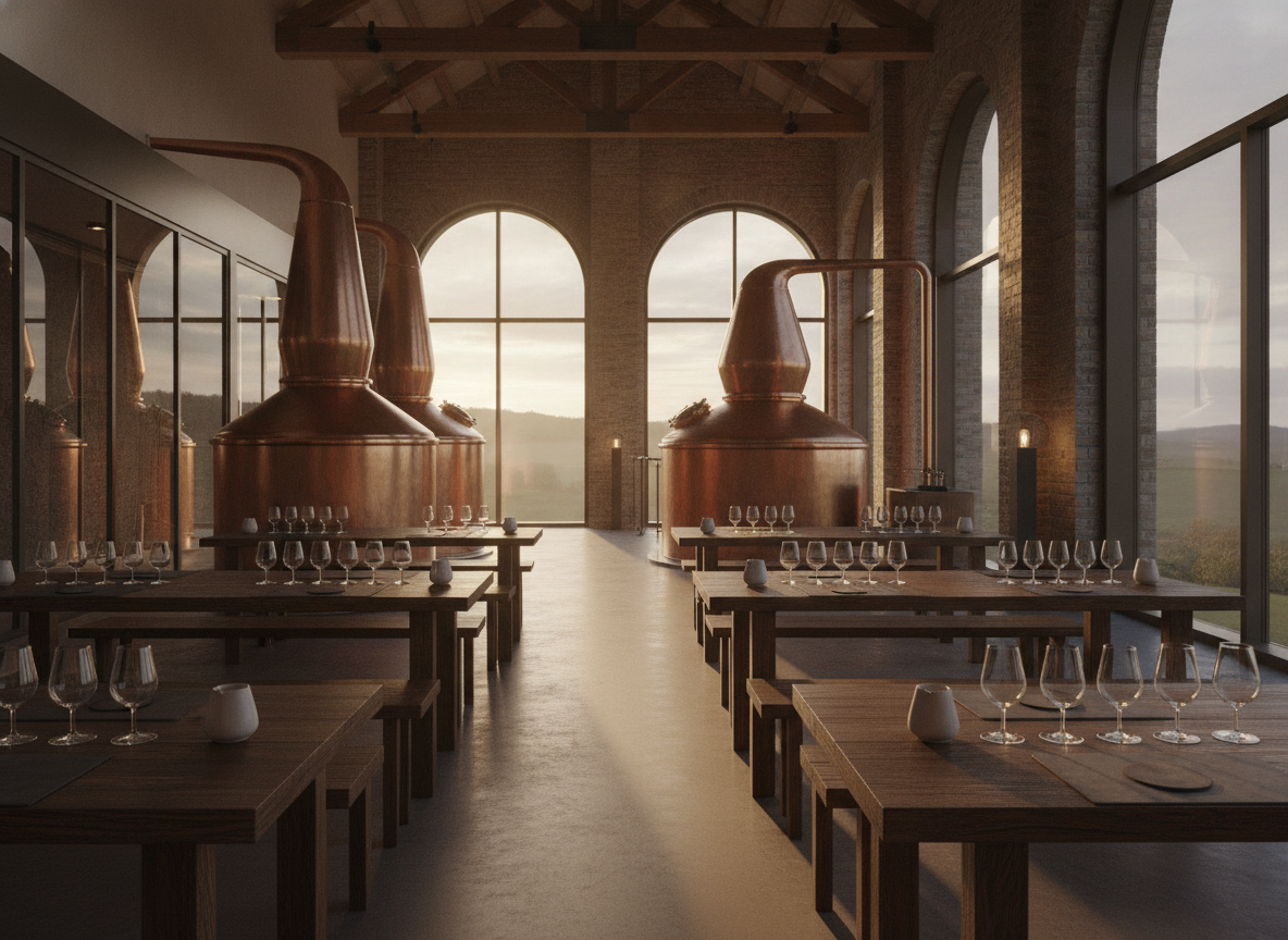 Tasting room of a modern distillery prepared for a spirits tasting event.
