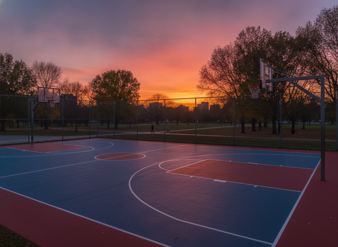 An outdoor basketball court at sunset, prepared for an evening sporting event.
