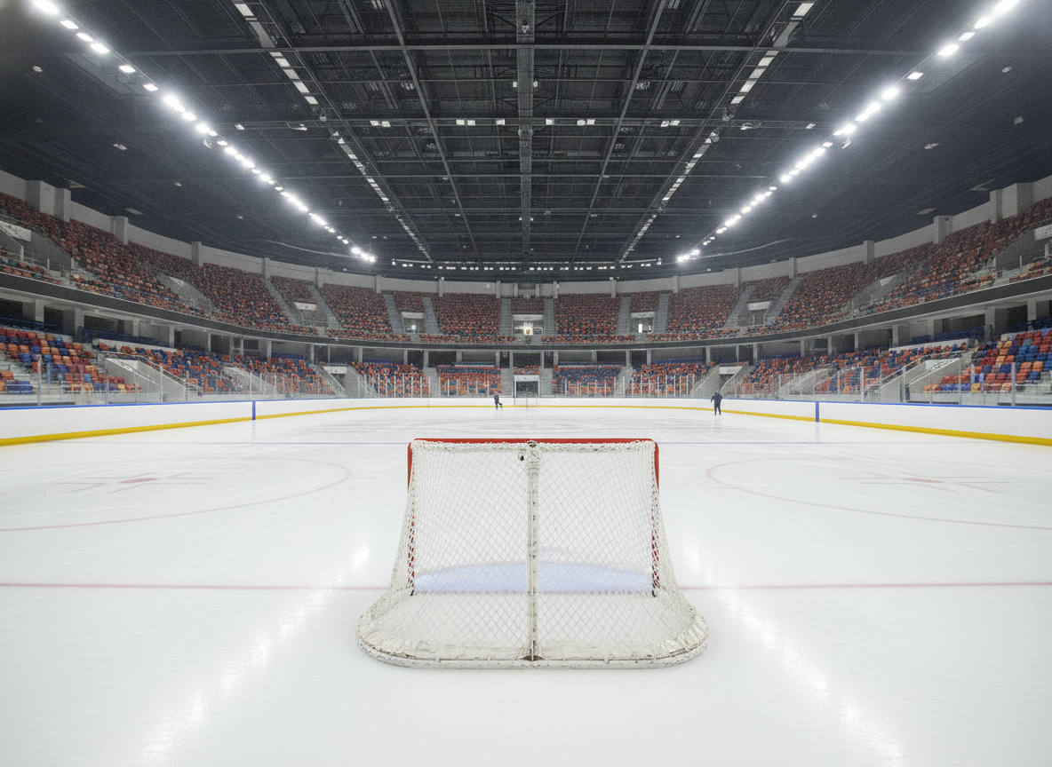 An empty ice hockey rink viewed from behind the net, ready for a tournament.