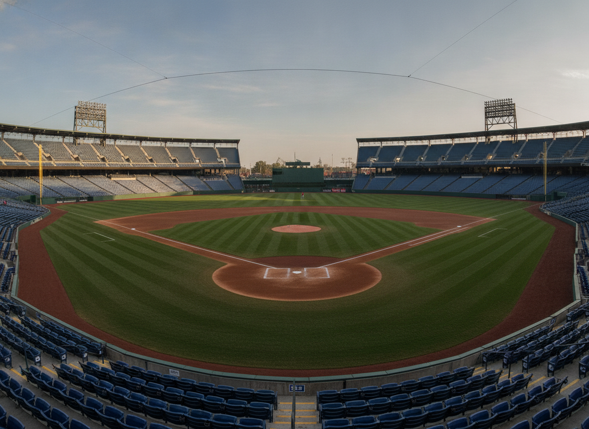 An empty baseball field viewed from home plate, prepared for a sporting event.
