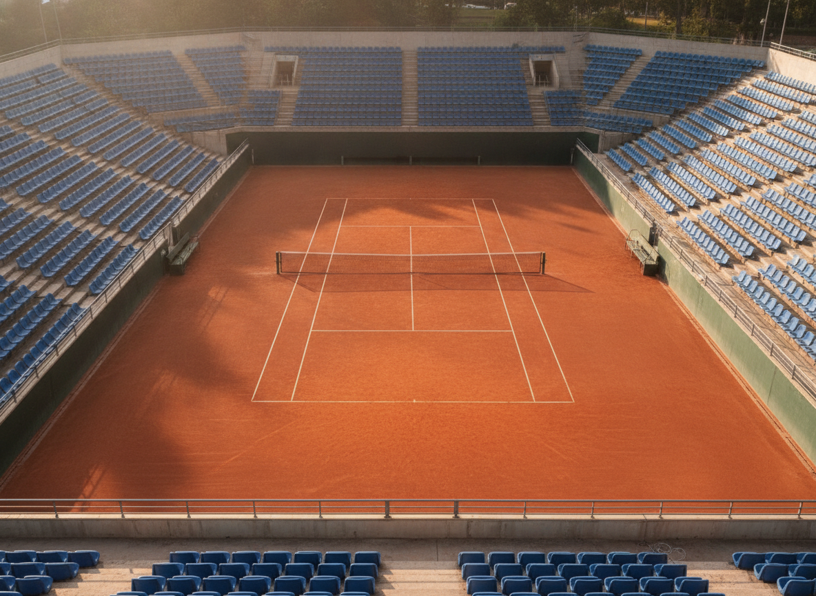 A pristine, empty tennis court ready for a tennis tournament.