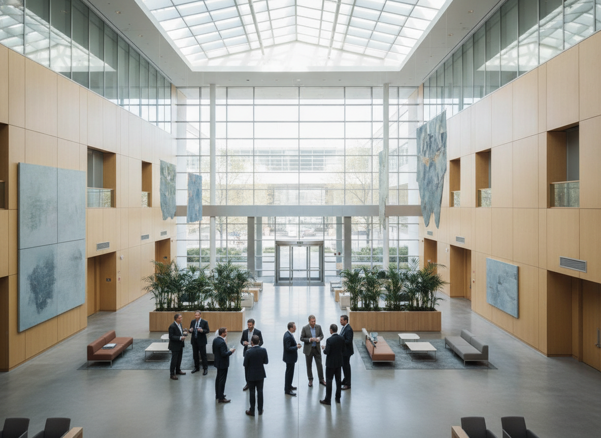 Professionals networking in a bright atrium at a business summit.