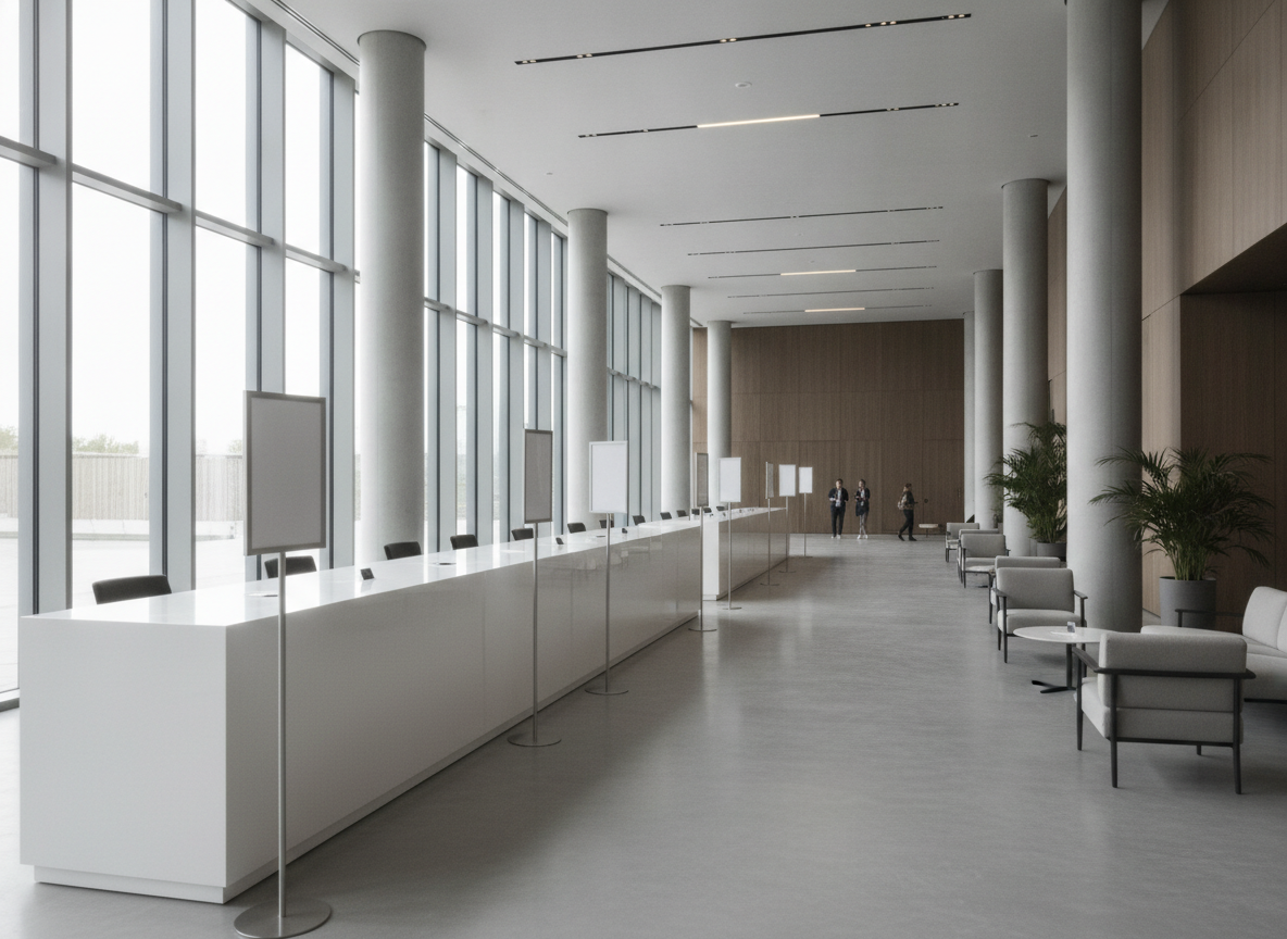 An empty, professional registration desk prepared for a leadership summit.