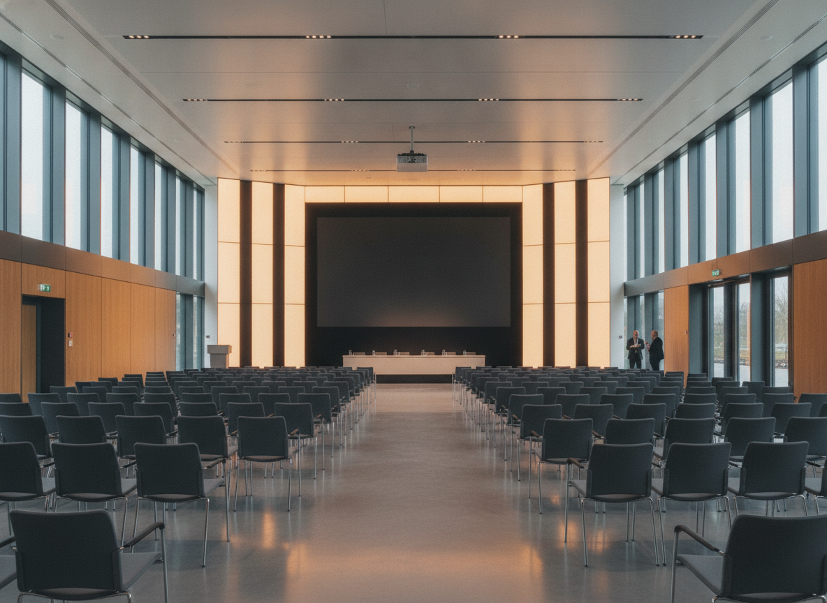 Rows of empty chairs in a conference room set up for a business summit.