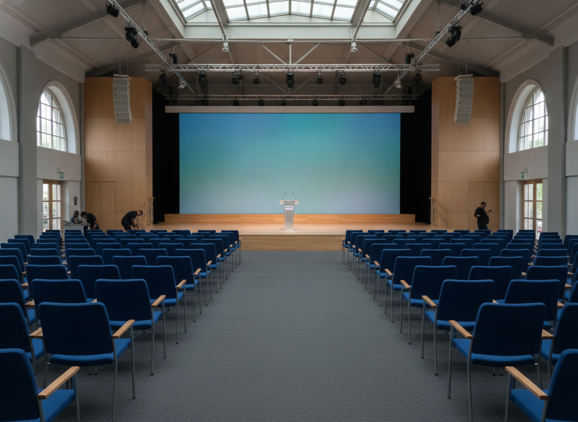 View of an empty stage and seating in a large hall prepared for an industry summit.