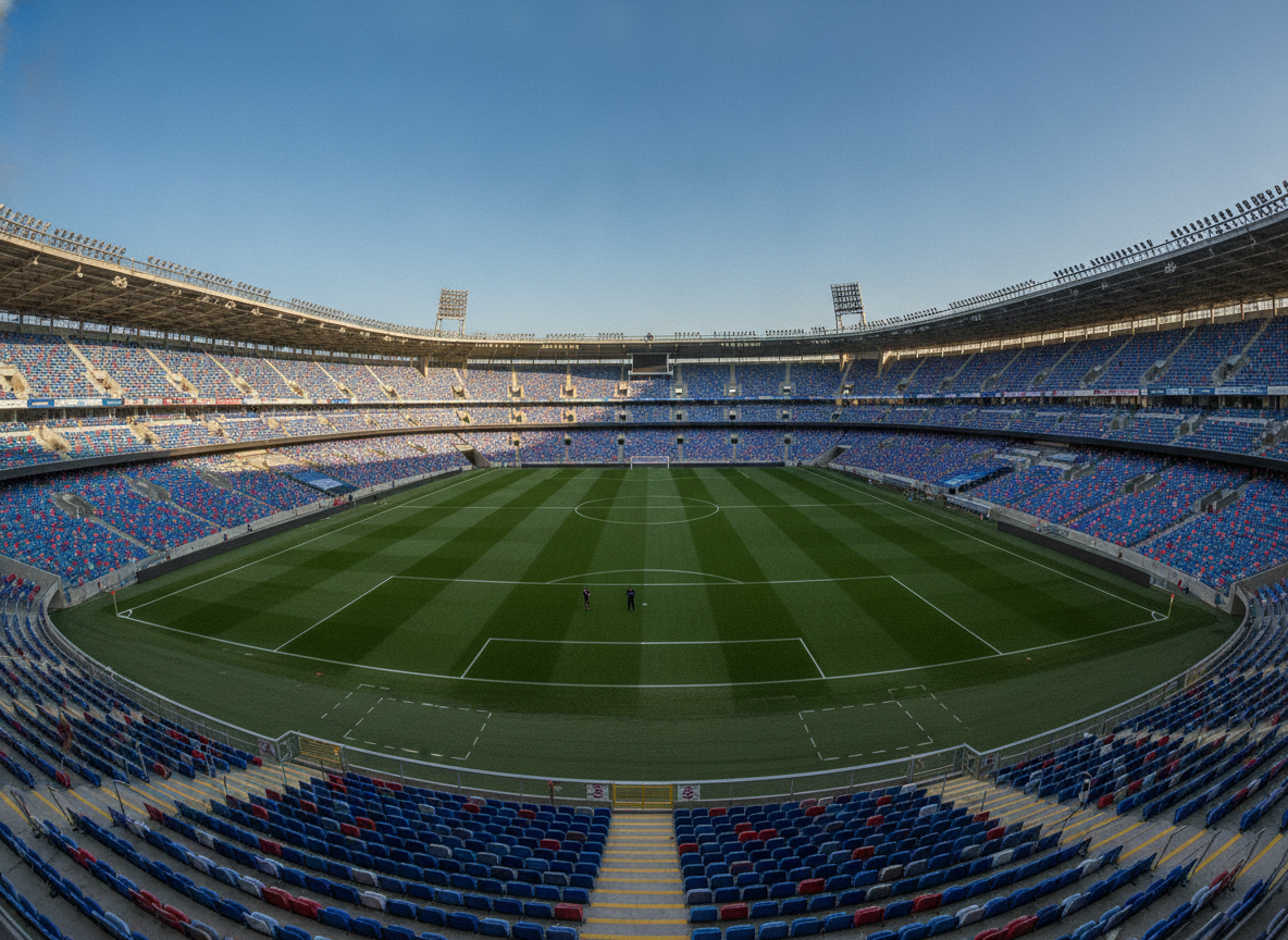 An empty soccer stadium ready for a tournament.