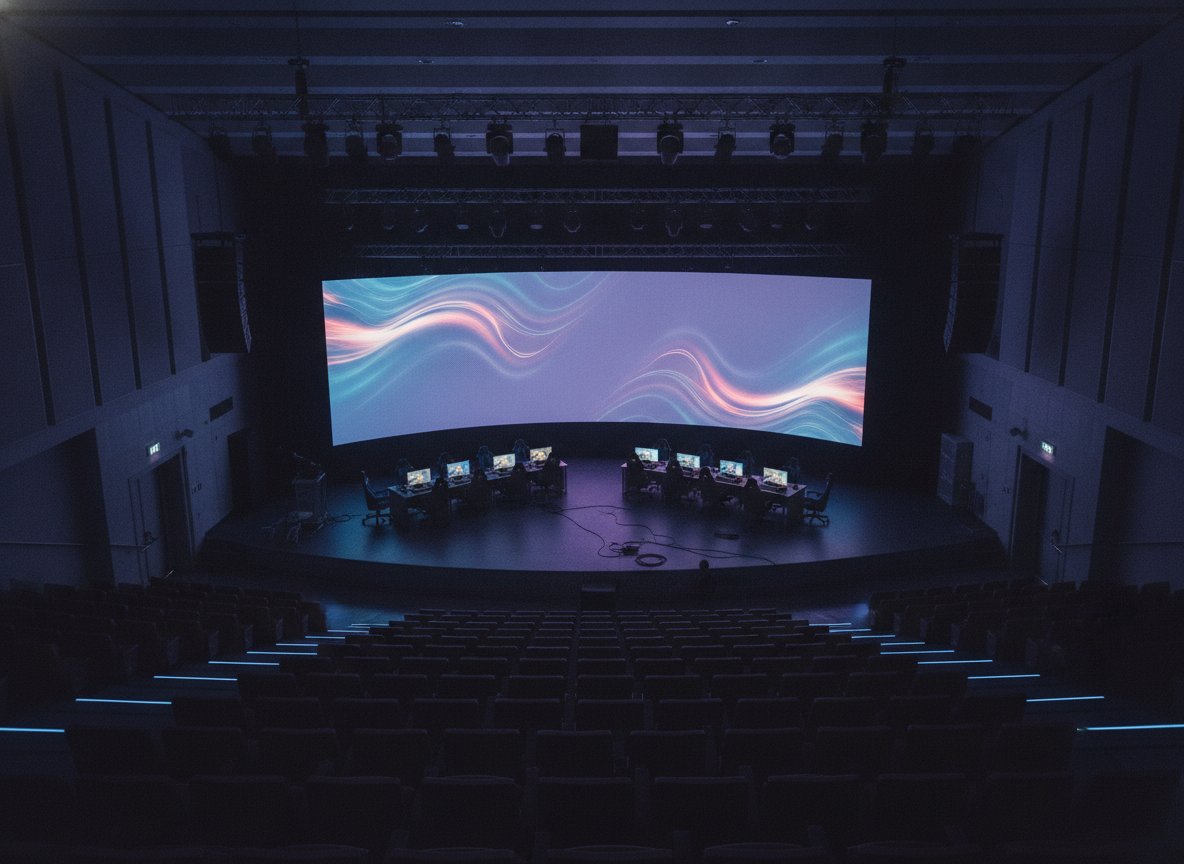 An empty hall set up for an esports tournament.