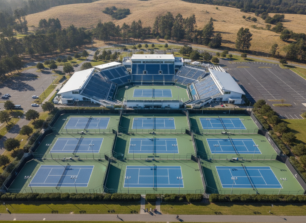 An empty tennis complex with multiple courts, viewed from above.
