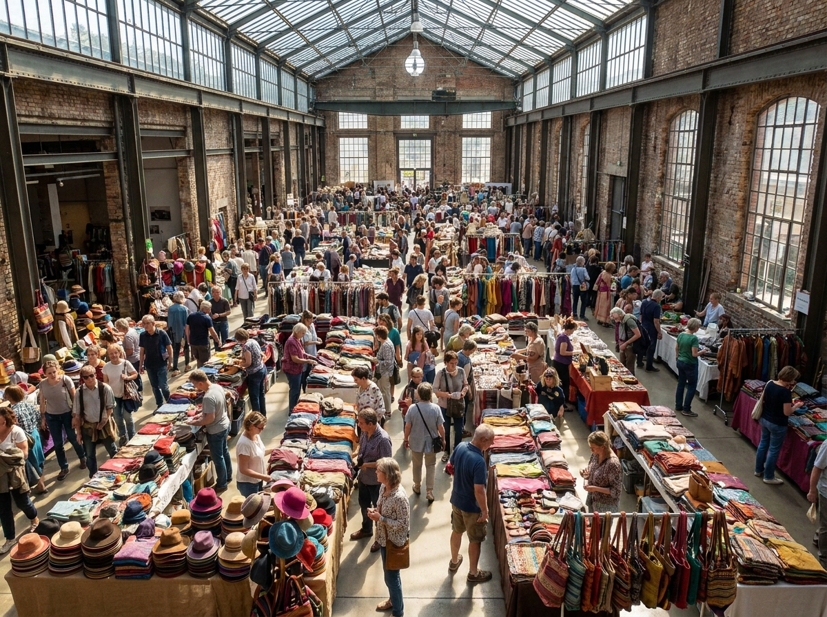 An aerial view of a busy accessories market, showing stalls and attendees.