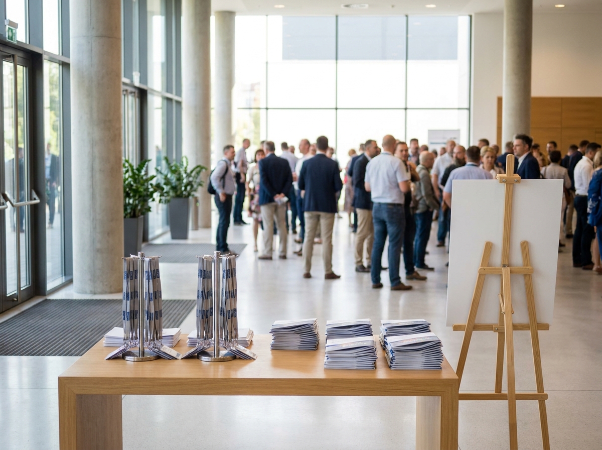 A professional and organized check-in area for an accessories showcase.