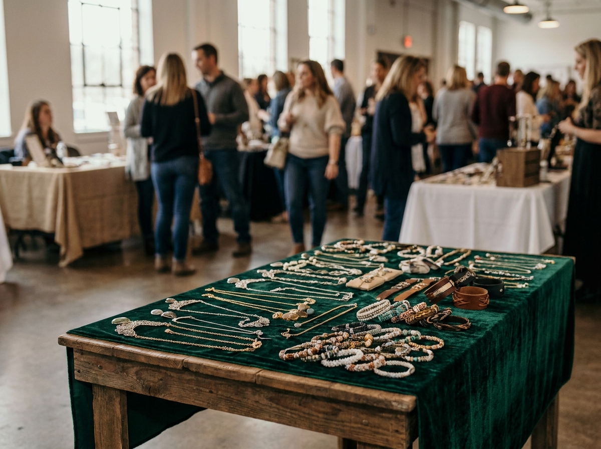 A detailed view of unique, handcrafted jewelry on display at an event.