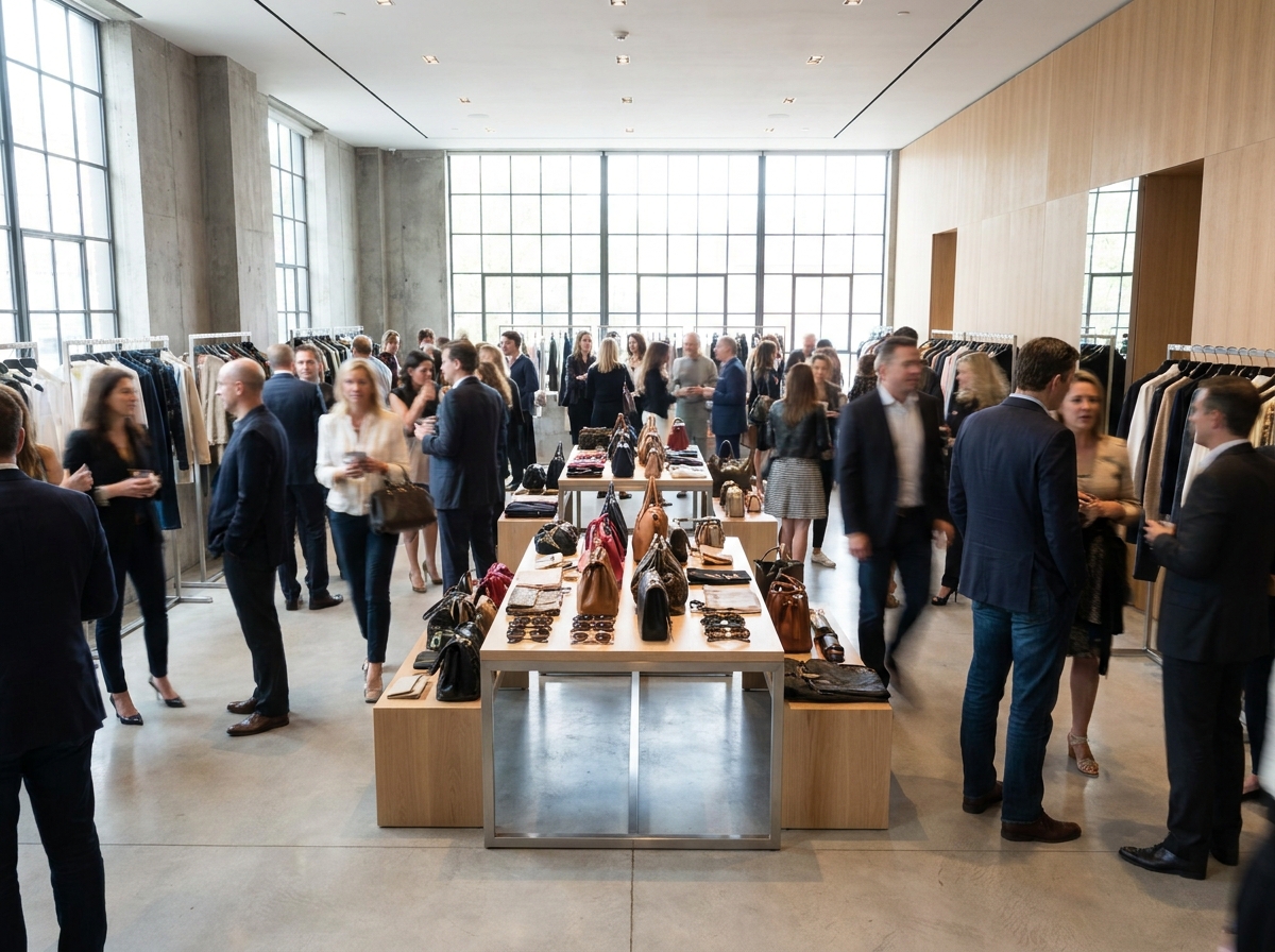 An upscale accessories trunk show inside a bright, modern retail space.