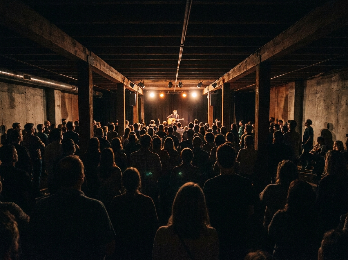 An audience watching a performer at an acoustic music event.