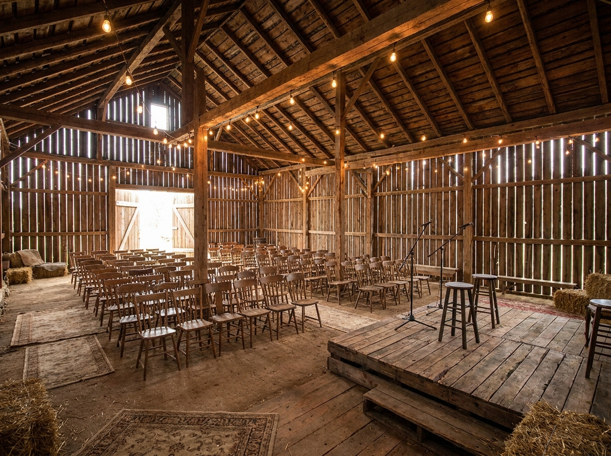 A rustic barn venue set up for an intimate acoustic concert.