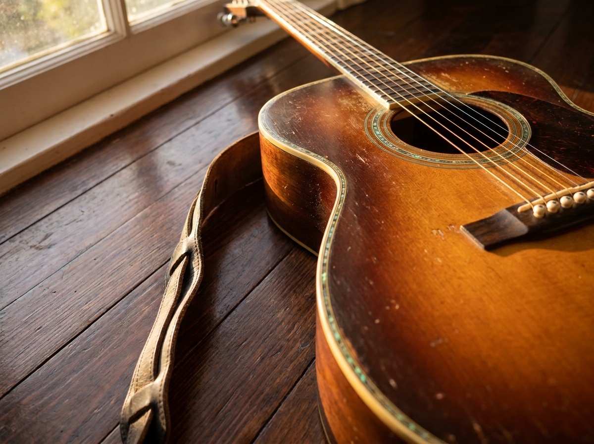 A close-up of a wooden acoustic guitar, symbolizing an acoustic event.