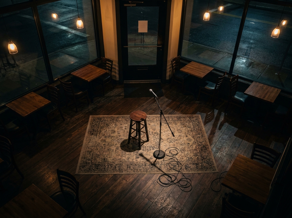 A corner of a coffee shop prepared for an acoustic music performance.
