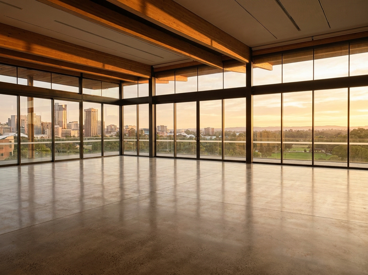 A modern Adelaide event space overlooking the city's parklands at sunset.