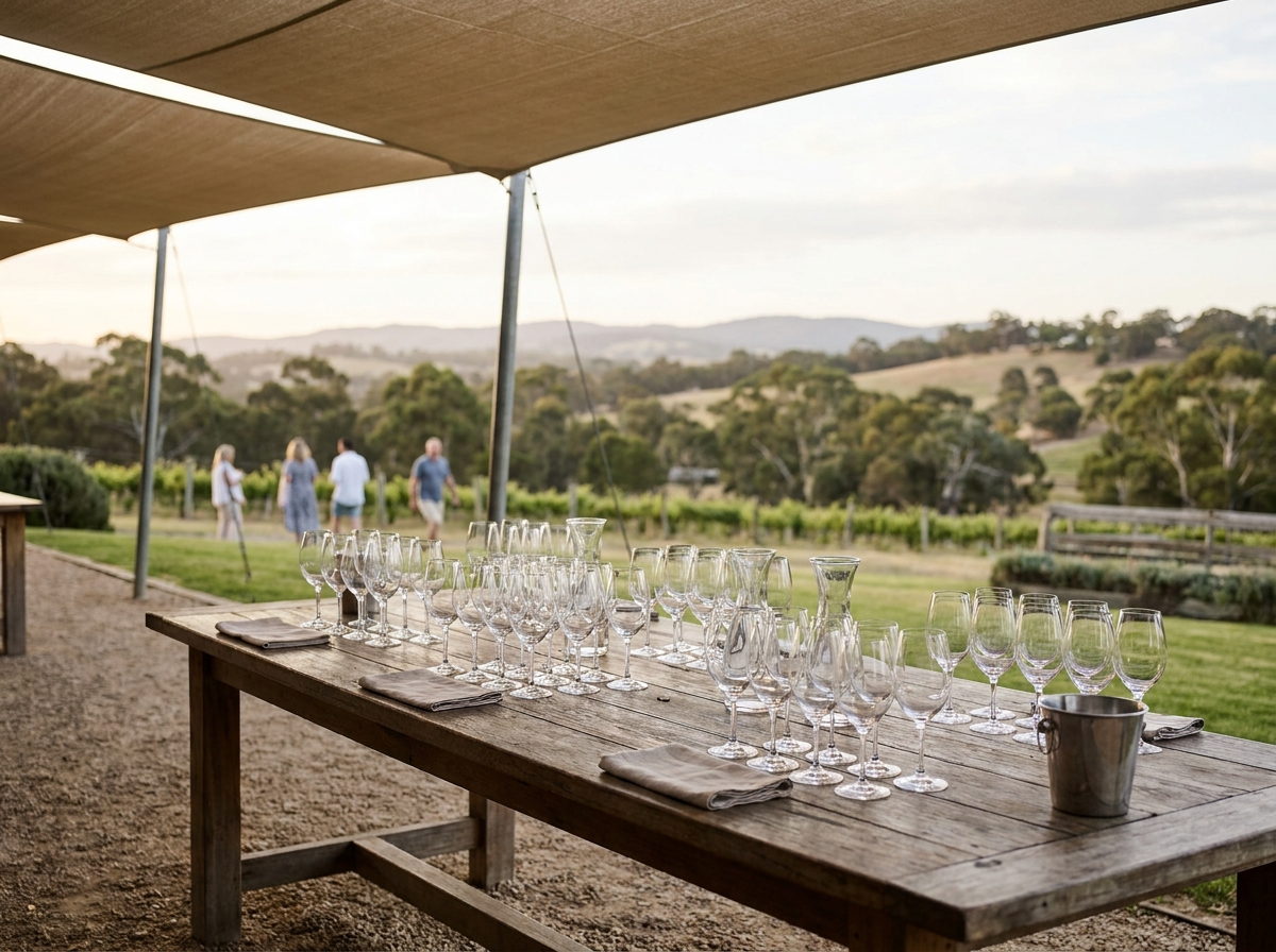 Wine glasses prepared for a tasting event near the Adelaide Hills.