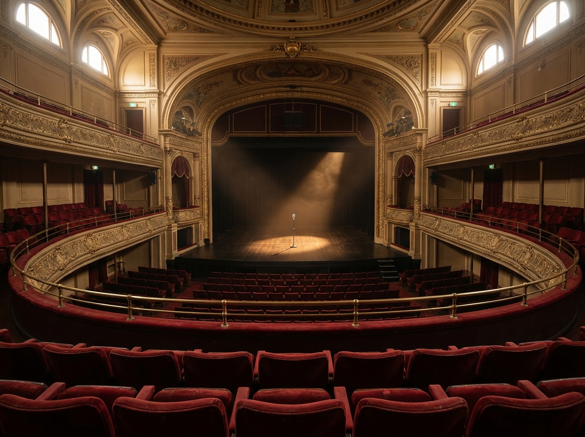An empty stage inside a classic Adelaide performance venue, ready for an event.
