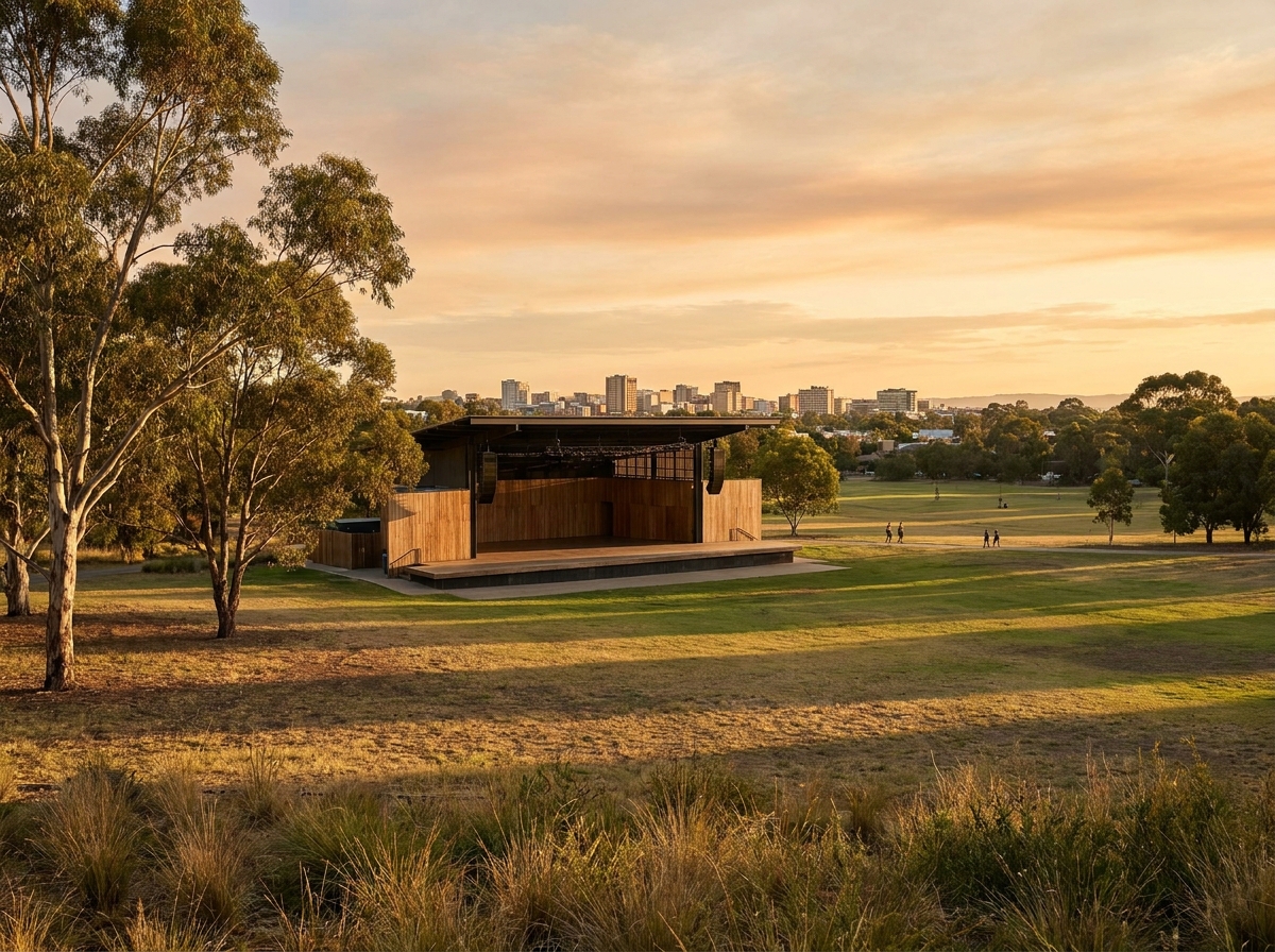 An outdoor stage prepared for a festival event in Adelaide's parklands.