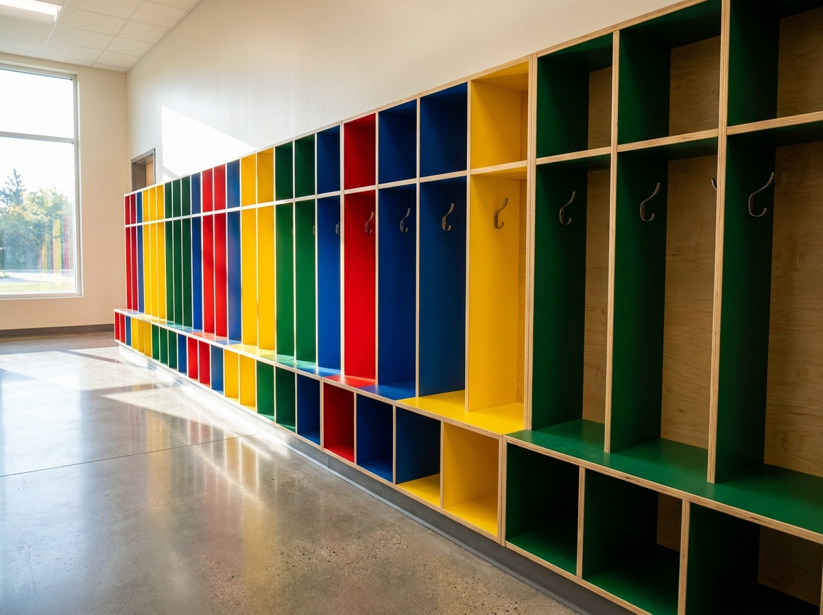 A wall of clean, empty cubbies in a school hallway, representing organization.