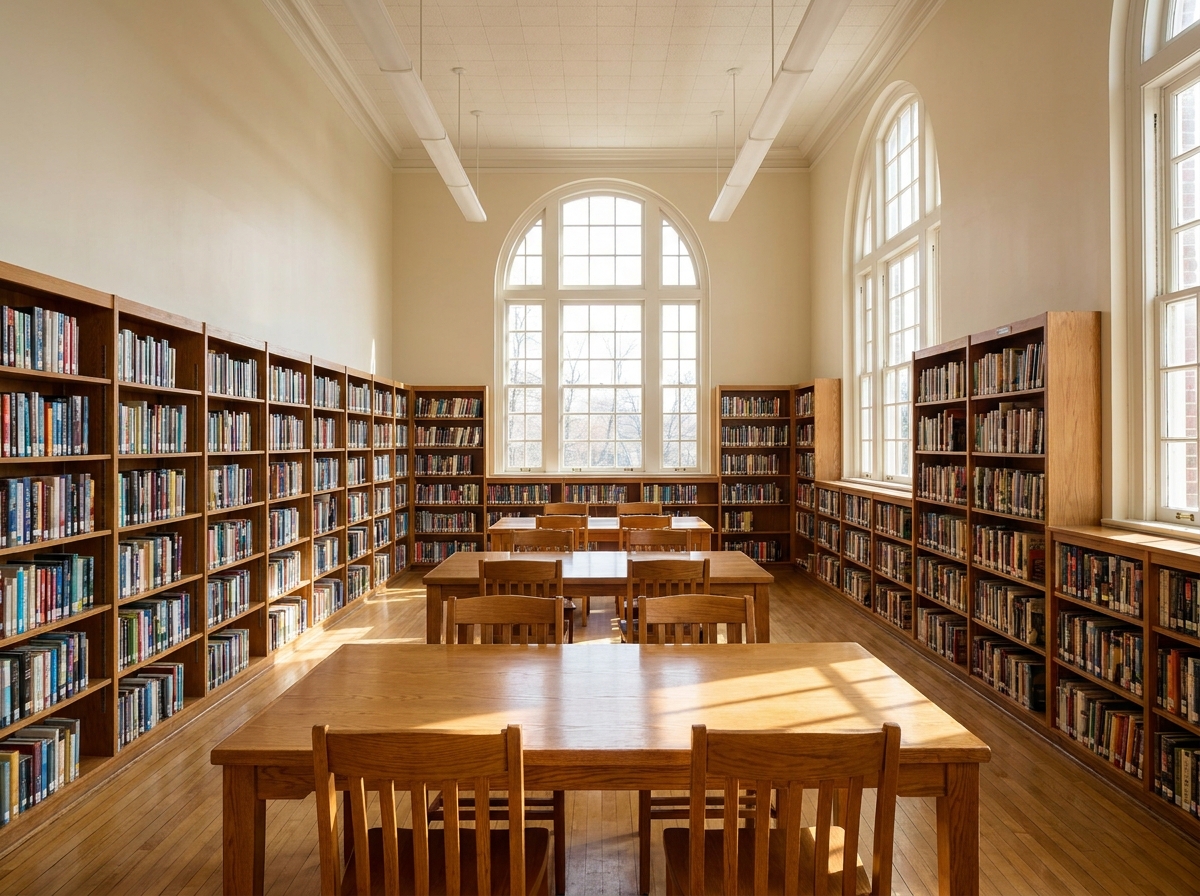 An empty school library, a safe and educational space for after school care.