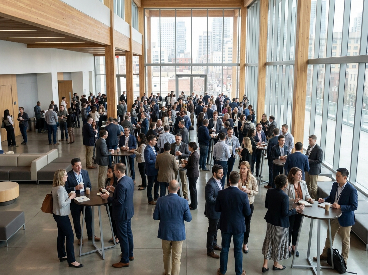 Attendees networking at a large tech conference.
