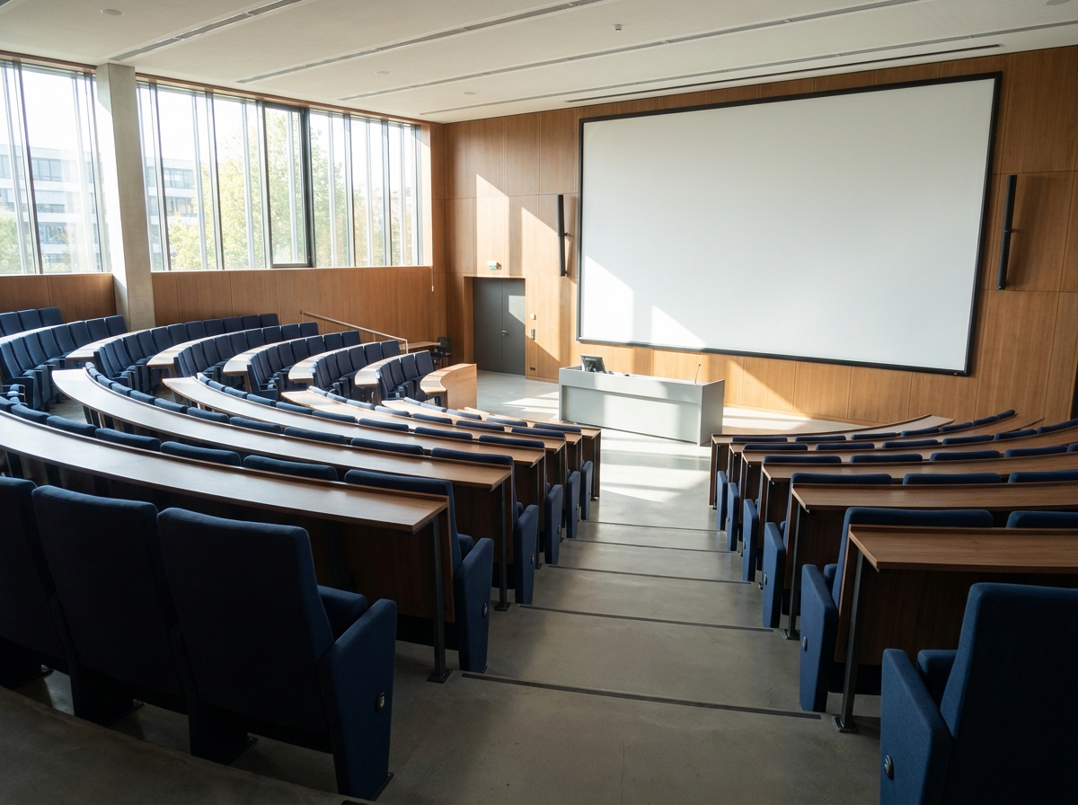 Empty seats in a lecture hall before a data science presentation.