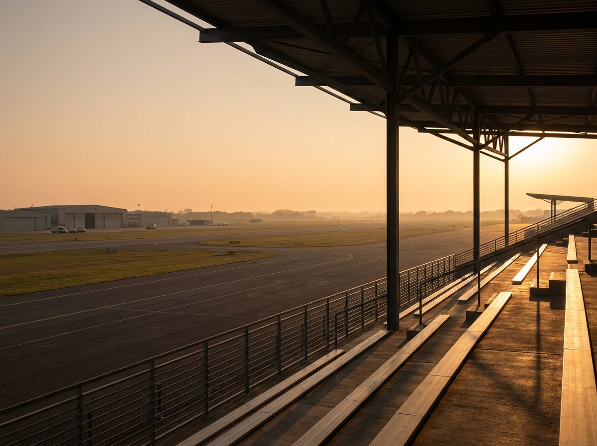 Empty grandstand seating waiting for spectators at an outdoor air event.