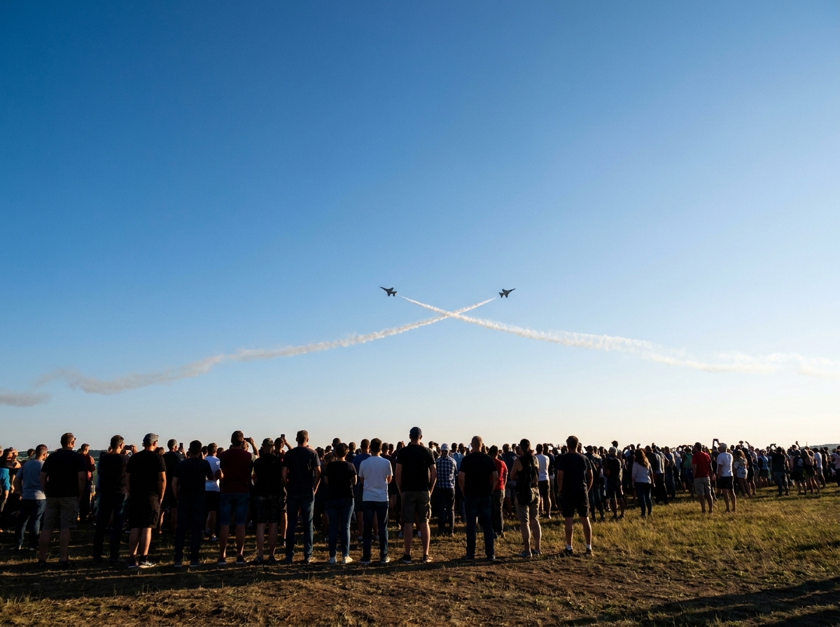 A crowd of people watching two jets perform at an airshow.