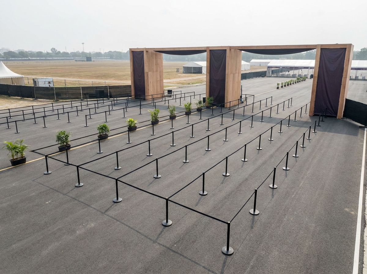 Empty, organized entry gates at an airfield prepared for an airshow.