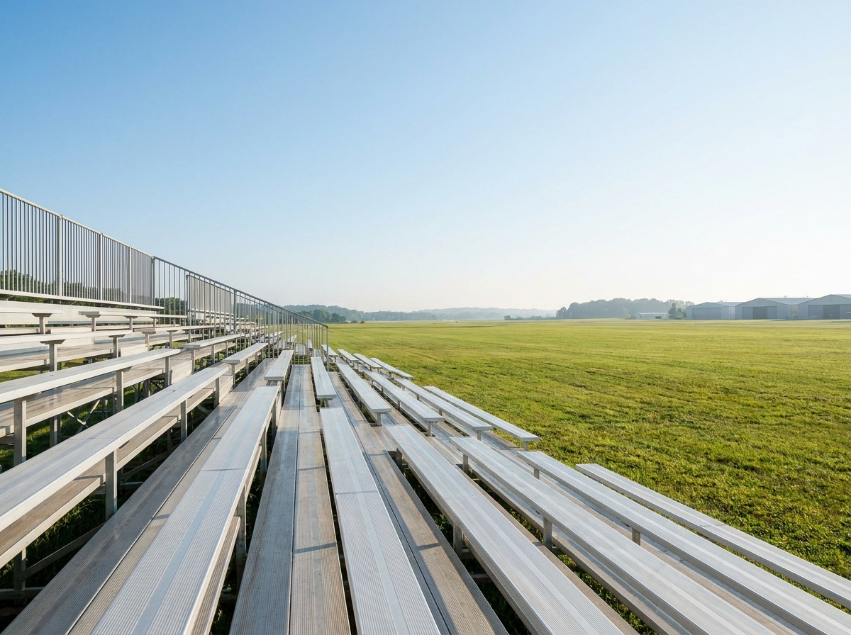 Empty grandstand seats waiting for spectators at an aviation event.